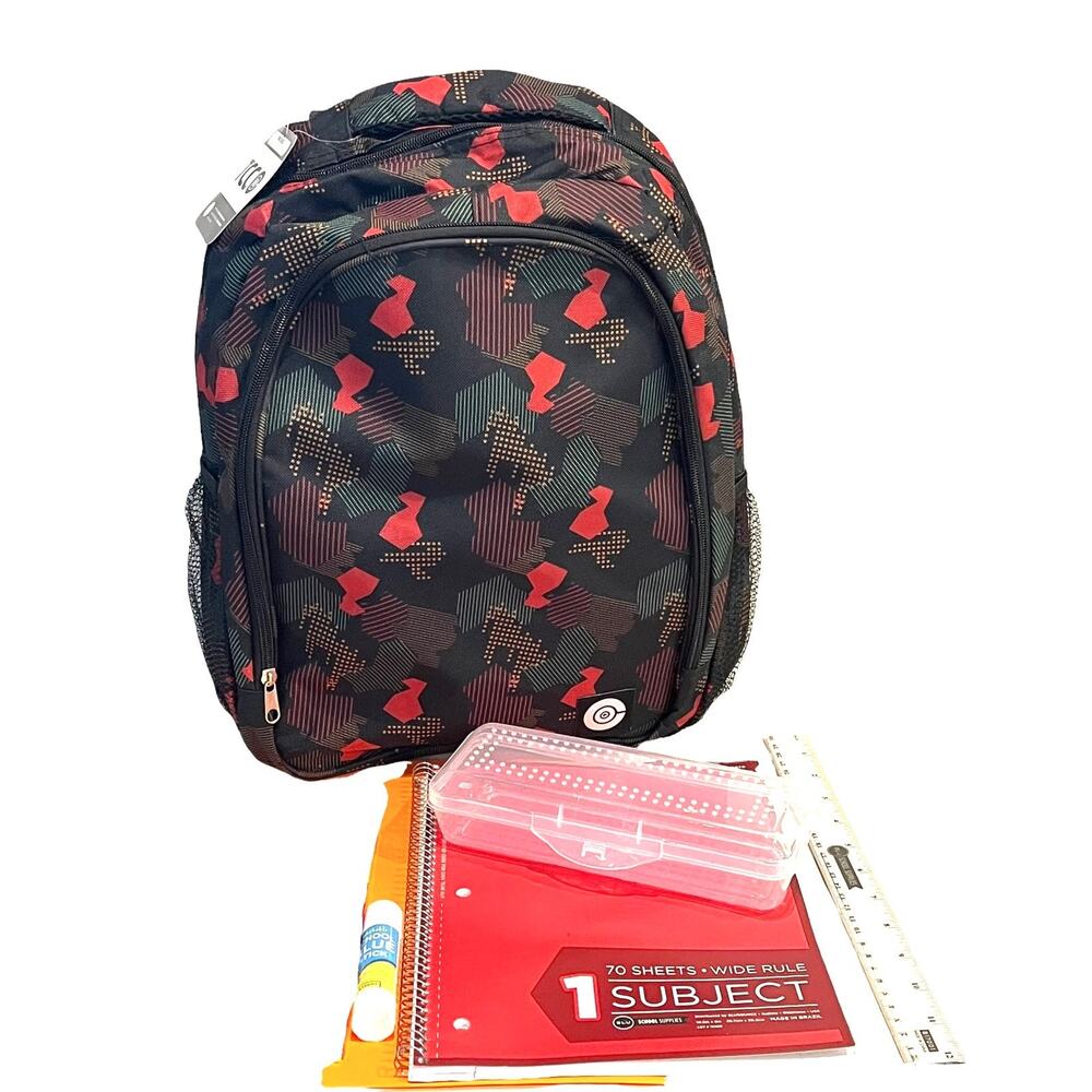 NEW 17” BACKPACK + Notebook 12 Pencils Holder Ruler Red Black Geo Camp Travel +